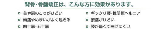 背骨・骨盤矯正は、こんな方に効果があります。/首や肩のこりがひどい/ギックリ腰・椎間板ヘルニア/頭痛やめまいがよく起きる/腰痛がひどい/四十肩・五十肩/膝が痛くて曲げにくい